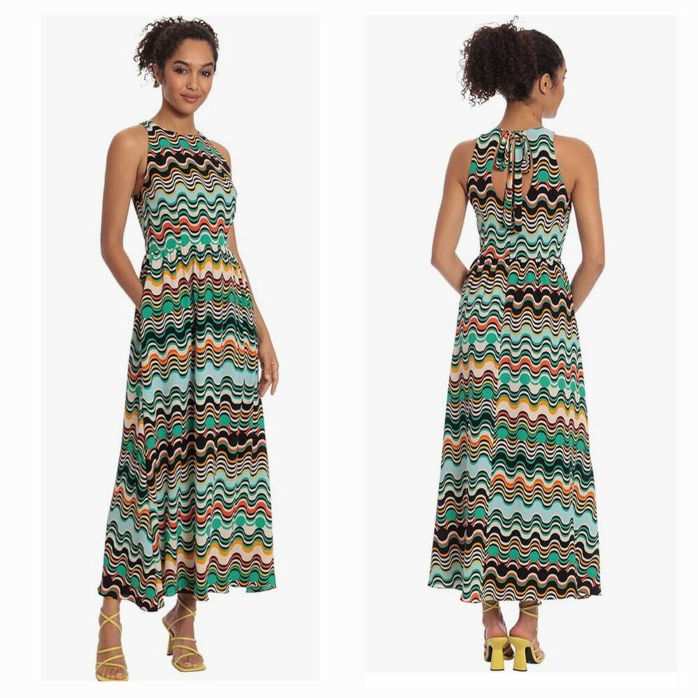 NWT Donna Morgan Maxi Dress Wavy Stripe Printed Sleeveless Open Tie Back sz 4